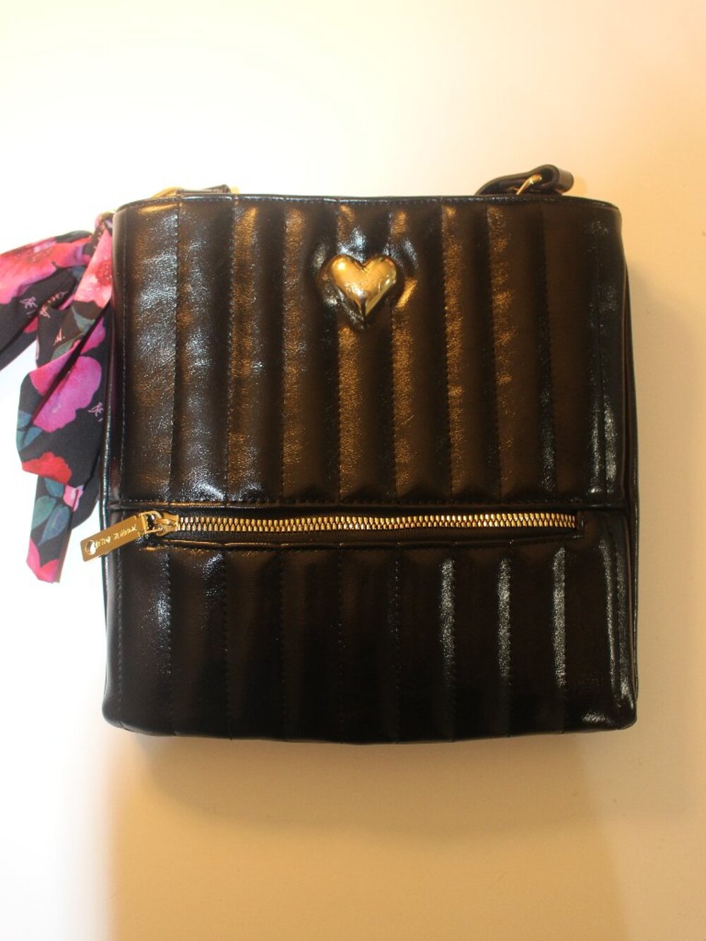 Betsey Johnson Black Quilted Heart Bag With Floral Scarf
